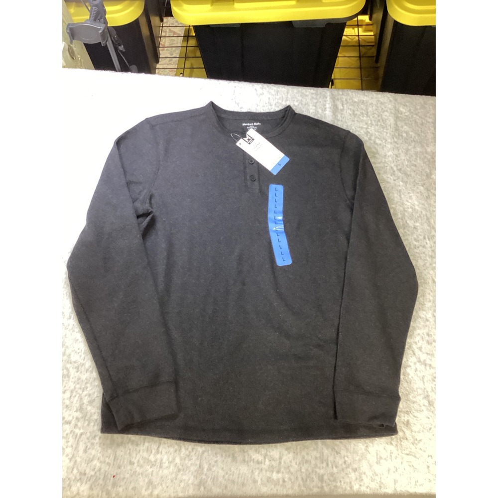 Members Mark Mens Thermal Henley Black Waffle Knit Long Sleeve Shirt Size Large